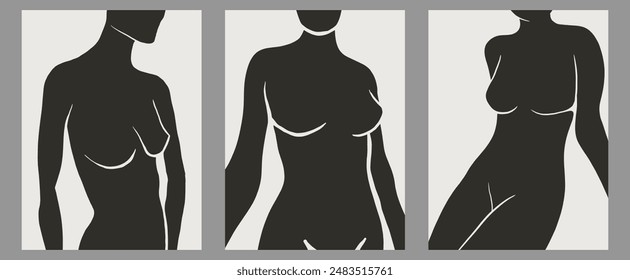 Set of trendy contemporary abstract creative hand drawn minimalist posters with organic woman body shape for wall decoration, postcard or brochure cover design in retro style art.