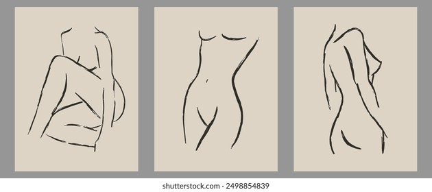 Set of trendy contemporary abstract creative hand drawn minimalist posters with organic woman body shape for wall decoration, postcard or brochure cover design in retro style art.