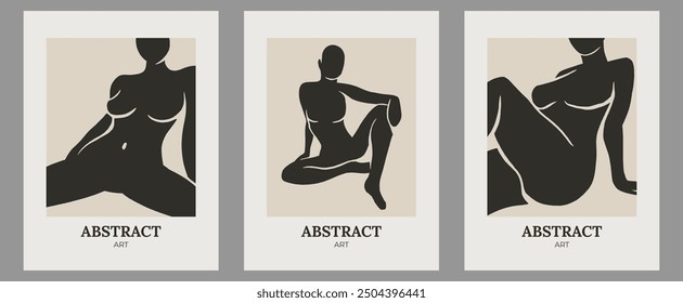 Conjunto de carteles minimalistas creativos abstractos contemporáneos de moda dibujados a mano con forma de cuerpo de mujer orgánica para decoración de paredes, postal o diseño de portada de folleto en arte de estilo retro.