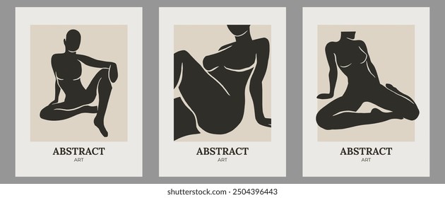 Conjunto de carteles minimalistas creativos abstractos contemporáneos de moda dibujados a mano con forma de cuerpo de mujer orgánica para decoración de paredes, postal o diseño de portada de folleto en arte de estilo retro.