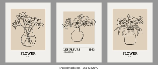 Set von trendigen zeitgenössischen abstrakten kreativen handgezeichneten minimalistischen Plakaten mit organischer Linie, Formmuster für Wanddekoration, Postkarten- oder Broschürendeckeldesign in Retro-Stil Kunst.