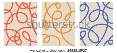 Set of trendy contemporary abstract creative hand drawn minimalist posters with organic line, shape pattern for wall decoration, postcard or brochure cover design in retro style art.