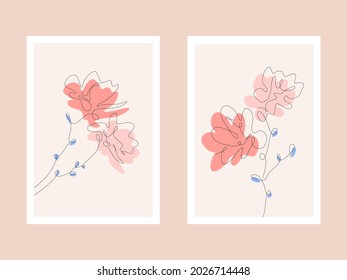 Set of trendy contemporary Botanical wall art. Flowers line art drawing with abstract shape. Abstract minimalist aesthetic Plant Art design for wall decoration, postcard or brochure cover design. 