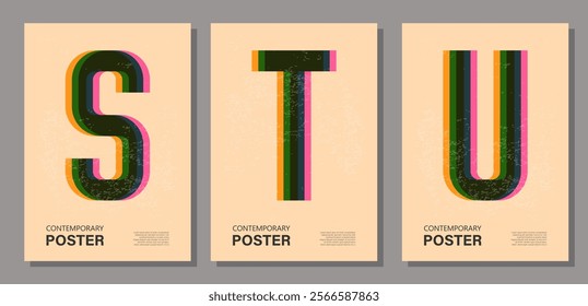 Set of trendy contemporary poster, risograph aesthetics, riso print effect