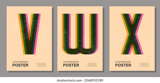 Set of trendy contemporary poster, risograph aesthetics, riso print effect