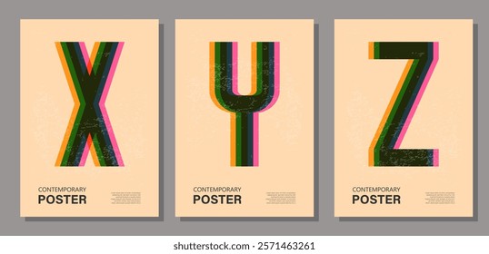 Set of trendy contemporary poster, risograph aesthetics, riso print effect