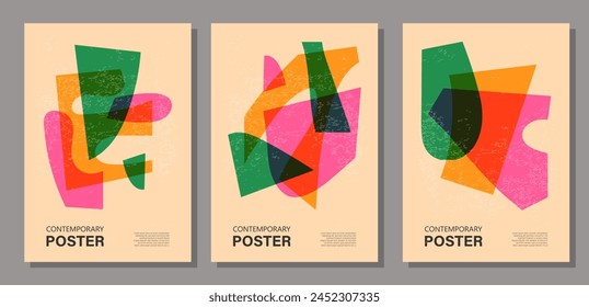 Set of trendy contemporary posters, risograph aesthetics, riso print effect