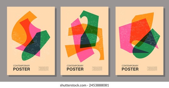 Set of trendy contemporary posters, risograph aesthetics, riso print effect