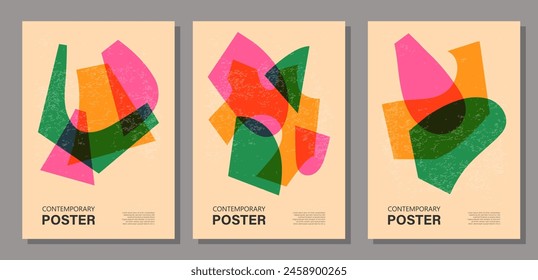 Set of trendy contemporary posters, risograph aesthetics, riso print effect