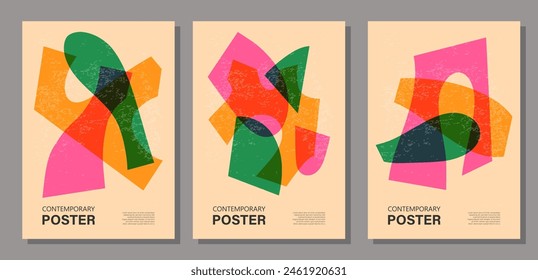 Set of trendy contemporary posters, risograph aesthetics, riso print effect