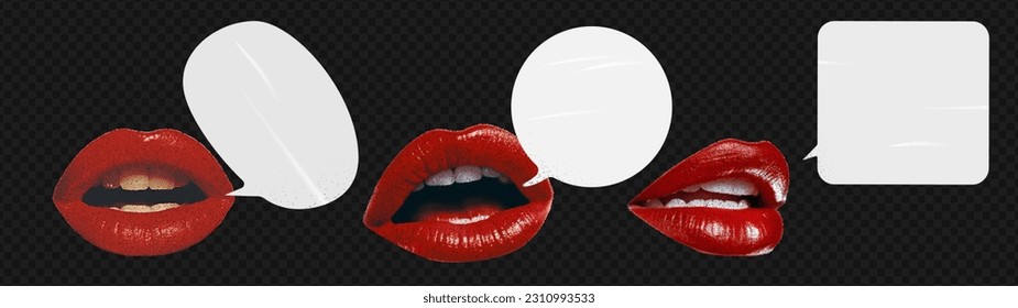 A set of trendy contemporary Speech Bubbles with collage-cut red lips from a magazine. Retro elements for the design. Scream of a woman. Vector objects on transparent background as png. 