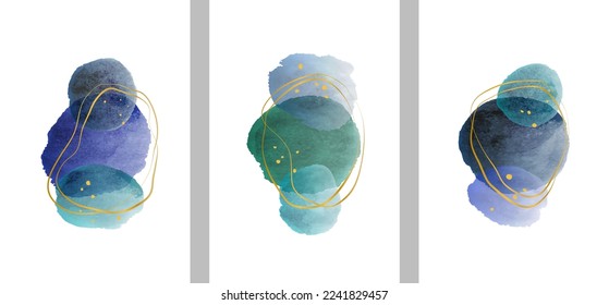 Set of trendy contemporary wall art posters with aquarelle stains, blobs, golden frames. Scandinavian watercolor cover painting. Mid century vector illustration with organic shapes.