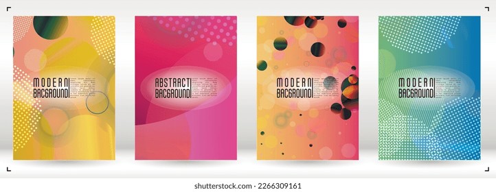 Set of Trendy Cover with Gradient Mesh Holographic Circles. Bright Geometric Page Design with Lines, Dots, Round Shapes. Identity Style for your Business Flyer.