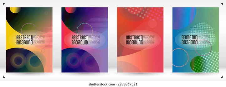 Set of Trendy Cover with Gradient Mesh Holographic Circles. Hipster Graphic Template Design with Lines, Dots, Round Shapes. Innovation Style for your Business Cover.
