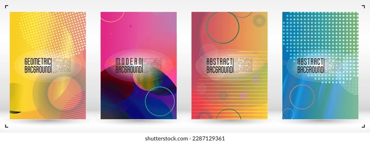 Juego de portada de moda con círculos holográficos de malla degradada. Diseño de páginas geométricas luminosas con líneas, puntos, formas redondeadas. Estilo dinámico para su folleto comercial.