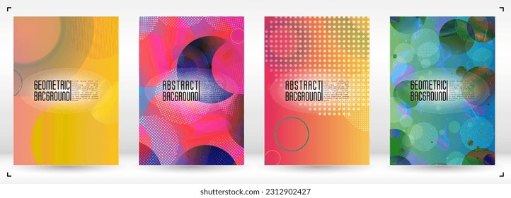 Juego de portada de moda con círculos holográficos de malla degradada. Diseño de páginas geométricas luminosas con líneas, puntos, formas redondeadas. Estilo de innovación para tu portada comercial.