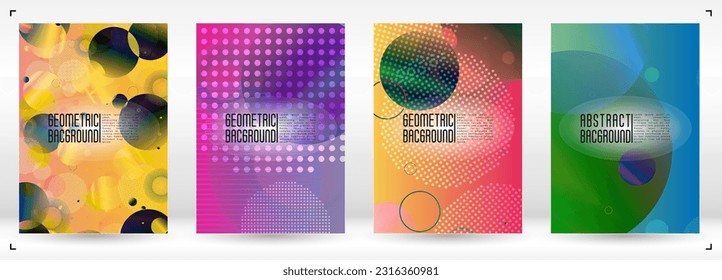 Set of Trendy Cover with Gradient Mesh Holographic Circles. Future Minimal Web Design with Abstract Composition. Memphis Print for your Business Layout.