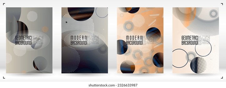 Set of Trendy Cover with Gradient Mesh Holographic Circles. Bright Geometric Page Design with Lines, Dots, Round Shapes. Simple Style for your Business Poster.