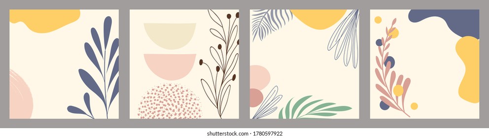 Set of trendy creative square abstract templates. Hand drawn plant elements and doodles of various shapes. Modern vector backgrounds for social media posts, mobile apps, banner designs and web ads.
