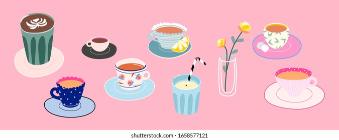 Set of trendy cups with tea or coffee.  Hand drawn vector vase, glass and colourful cups with different textures: flowers, dots, stripes. Isolated elements on a pink background. Morning drinks. 