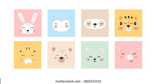 Está decorado con bonitos animales de moda. Caras animales divertidas. Perfecto para textiles, impresiones, carteles y más. Todos los objetos están aislados y agrupados. Ilustración de vectores planos de dibujos animados coloridos