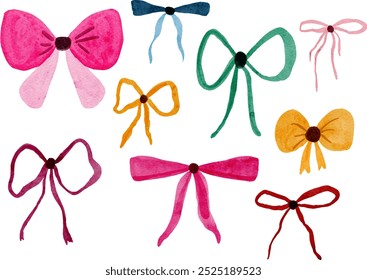 set of Trendy Cute Coquette ribbon bow Watercolor hand painting 