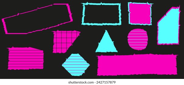 Set trendy Cyber Torn paper sheets with sharp edges and Neon effect isolated black background. Ripped papper pieces collection. Vector illustration can used postcard and banner design EPS 10