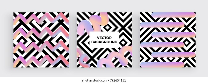 Set of trendy design posters or banners with modern geometric texture squares and abstract colorful liquid shapes. Templates for your designs, banner, card, flyer, invitation, party, birthday, posters
