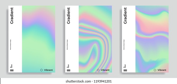 Set of trendy design templates with vibrant gradient holographic texture. Applicable for covers, brochures, placards, posters, flyers, presentations, banners, identity. Vector illustration. Eps10 