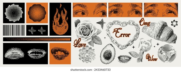 Set of trendy different bitmap or halftone elements. Pixel y2k style. Retro futuristic clip art shapes. Vector illustration. Chain in the shape of a heart, stars, eyes, mouth, roses, fire, avocado.