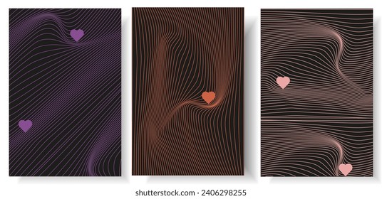 Set trendy Distorted background with Fluid line on black backdrop. Modern 3D Geometric background for card cover. Vector illustration can used web and social media banner, poster, print
