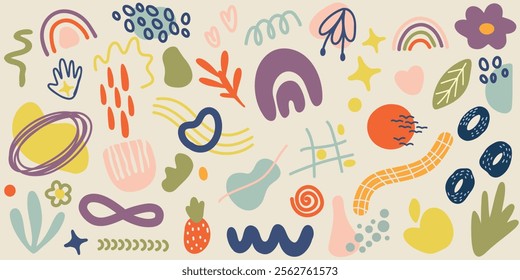 Set of trendy doodle and abstract art background vector. Creative Hand drawn various shapes elements for kids and school cover, abstract wall art for home decor, wallpaper,prints and pattern design