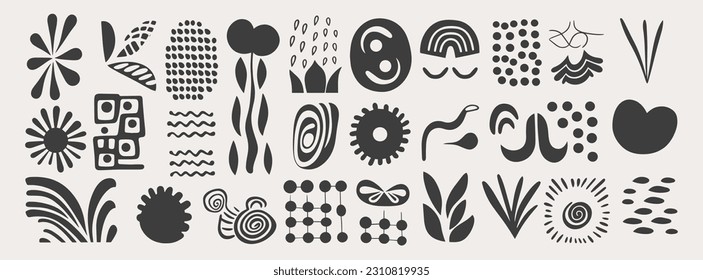 Set of trendy doodle abstract Drawn shapes on isolated white background. Spots drops curves lines and textures.