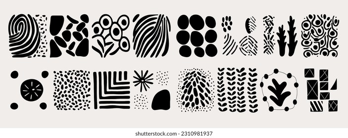 Set of trendy doodle abstract Drawn shapes on isolated white background. Spots drops curves lines and textures.