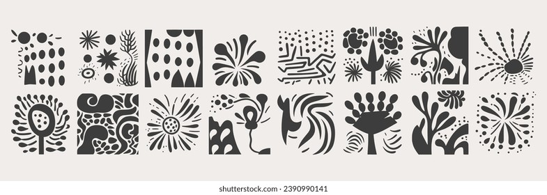 Set of trendy doodle abstract Drawn shapes on isolated white background. Spots drops curves lines and textures.