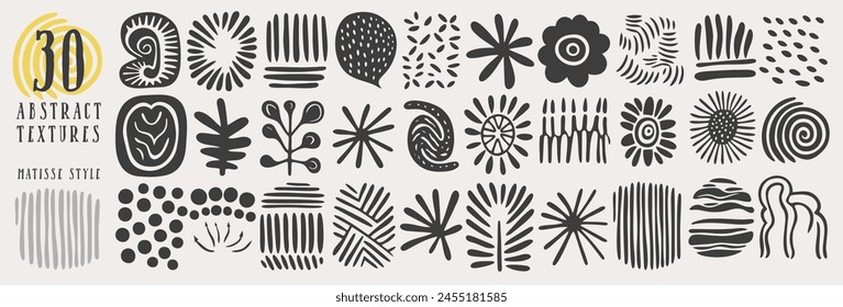 Conjunto de doodle de moda abstracto Dibujado Formas sobre fondo blanco aislado. Manchas, gotas, curvas, líneas y texturas.