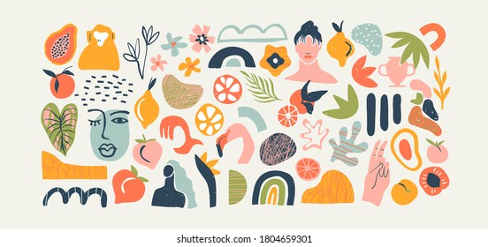 Set of trendy doodle and abstract nature icons on isolated white background. Big summer collection, random organic shapes in freehand matisse art style. Includes people, floral art, animal bundle.