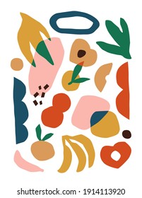 Set of trendy doodle and abstract nature icons on isolated white background. Big summer collection, minimalist fruit shapes in freehand art style. Includes banana, peach and leaf bundle.