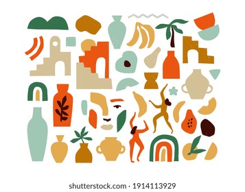 Set of trendy doodle and abstract nature icons on isolated white background. Big summer collection, minimalist fruit shapes in freehand art style. Includes people, vase art and texture bundle