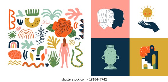 Set of trendy doodle and abstract nature icons on isolated white background. Big summer collection, random organic shapes in freehand matisse art style. Includes people, floral art, leaf bundle.