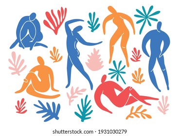 Set of trendy doodle and abstract nature icons on isolated white background. Summer collection, unusual organic shapes in freehand matisse art style. Includes people, floral art.