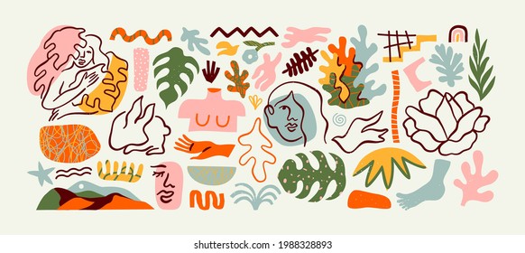 Set of trendy doodle and abstract nature icons on isolated white background. Big summer collection, unusual organic shapes in freehand matisse art style. Includes people, floral art and texture bundle