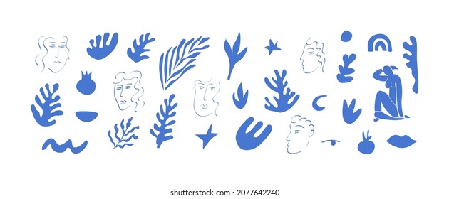 Set of trendy doodle abstract nature elements on isolated white background. Big collection of organic shapes in freehand Matisse inspired art style. Woman portrait. Vector illustration.