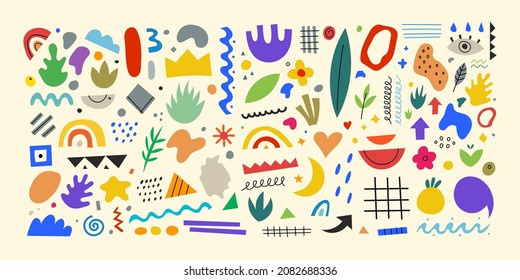 Set of trendy doodle and abstract nature icons on isolated background. Big summer collection, unusual organic shapes in freehand matisse art style. Includes shapes, lines, blobs, floral art and textur