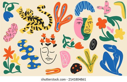 Set of trendy doodle and abstract nature symbols on isolated white background. Big summer collection, random organic shapes in freehand art Matisse style. Includes people, flower art, animals.