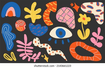 Conjunto de doodle de moda y símbolos naturales abstractos sobre un fondo negro aislado. Gran colección de verano, formas orgánicas al azar. Diseño plano, dibujos a mano, ilustración vectorial.