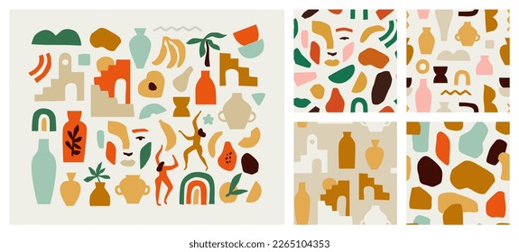 Set of trendy doodle and abstract nature icons on isolated white background. Seamless pattern collection, minimalist fruit shapes in freehand art style. Includes people, vase art and texture bundle