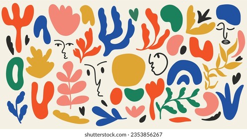 Set of trendy doodle and abstract nature icons on isolated white background. Big summer collection, unusual organic shapes in freehand matisse art style. Includes people, floral art and texture bundle