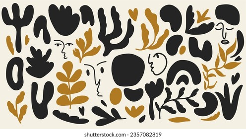 Conjunto de doodle de moda e íconos abstractos de la naturaleza. Gran colección veraniega, formas orgánicas inusuales al estilo de Matisse a mano. Incluye personas, dibujos de flores y un conjunto de figuras.