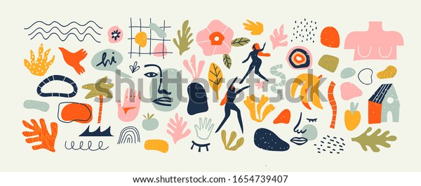 Set of trendy doodle and abstract nature icons on\
isolated white background. Big summer collection, unusual organic\
shapes in freehand matisse art style. Includes people, floral art\
and texture bundle